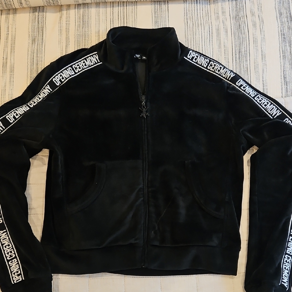 Opening Ceremony Sz SMALL Black Velour Jacket Zipper Cropped EUC!
